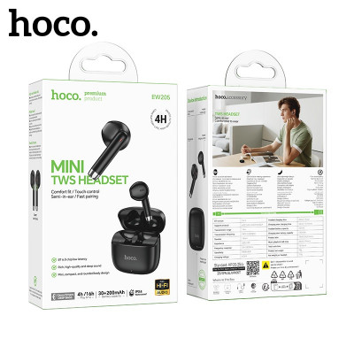 Гарнитура вкладыши Bluetooth Hoco EW205 мини TWS Black (Bluetooth 6.0; Чип: JL AC7043C2, Емкость аккумулятора: зарядный кейс 200 мАч; гарнитура 30 мАч,  Время работы: 4 часа, Материал: ABS; Поддержка датчика Холла)