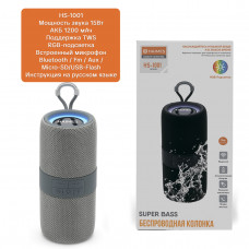Портативная колонка Bluetooth HAIMES HS-1001 TWS 1200 Mah . 10Ватт, Bluetooth, FM, USB. AUX. Micro, RGB подсветка, кабель AUX и Type-C в комплекте, Silver