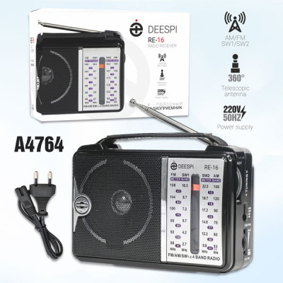 Радиоприемник портативный deespi RE-16 АКЦИЯ!!! кратно 3 шт! AM/FM/SW. 220V/50Hz. Питание от сети (кабель в к-те) и 2хR20 (не входит в к-т). 4-полосный: FM 88-108 Mhz, AM 530-1600 Khz, SW1 2.7-10.3 МГц SW2 9.8-22.2 МГц. Антенна 360гр.