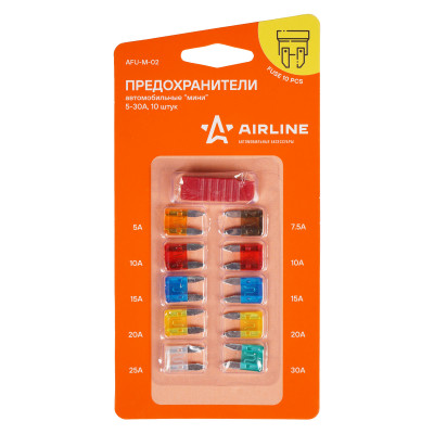 Набор флажковых предохранителейAirline MINI набор из 10шт.(5А,7.5А,10А,15А,20А,25А,30А) блистер
