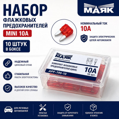 Набор флажковых предохранителей MINI 10А (10шт) в боксе МАЯК