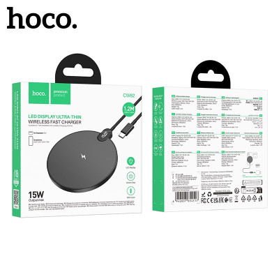 Беспроводное зарядное устройство HOCO CW62  (Type-C: 5 В/2 А, 9 В/2 А, выходная мощность: 5 Вт/7,5 Вт/10 Вт/15 Вт, требуется собственное зарядное устройство PD, размер: 90х6 мм (диаметр  толщина); Длина кабеля: 1,2 м; светодиодный цифровой дисплей, отобра