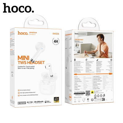 Гарнитура вкладыши Bluetooth Hoco EW205 TWS мини  White (Bluetooth 6.0; Чип: JL AC7043C2, Емкость аккумулятора: зарядный кейс 200 мАч; гарнитура 30 мАч,  Время работы: 4 часа, Материал: ABS; Поддержка датчика Холла)