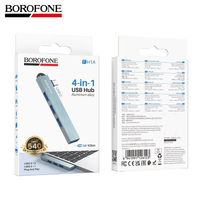 USB HUB 4 порта Hoco FH1A 4-в-1(Type-C to USB2.03+USB3.0) Metal Gray (Алюминиевый сплав, размер: 95х25х7,5 мм; Интерфейс: Type-C  USB 2.0  3 + USB 3.0, Теоретическая скорость передачи данных: 3.0 до 5 Гбит/с, 2.0 до 480 Мбит/с, Функция: Возможность одновр