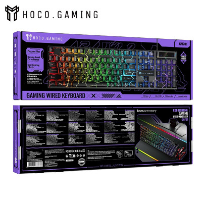 Клавиатура проводная HOCO GM701 Black игровая (ENG/RUS) (мембранная, размер: 434х128х30 мм; Длина кабеля: 1,4 метра; 3. Модель: Shenxinyang 83095D, количество клавиш: 104/клавиша/раскладка, эффект подсветки: радужная подсветка; 6 клавиш без конфликтов, сп