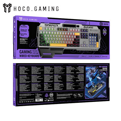 Клавиатура проводная HOCO GM702 gray Black игровая (ENG/RUS) (мембранная; размер: 465х170х35 мм; Длина кабеля: 1,4 метра; раскладка: Hengchangtong HCT-803-AP, количество клавиш: 104/клавиша/раскладка, эффект подсветки: радужная подсветка; 6 клавиш без кон