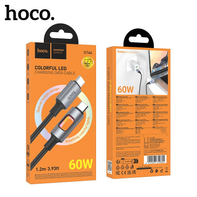 Кабель USB-C/USB-C HOCO U144 Black 1.2м, 3,0А, 60W, нейлон  (зарядка ноутбуков мощностью 60 Вт и мобильных телефонов током 3 А)