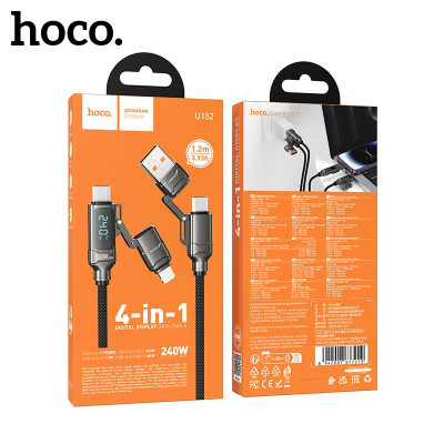 Кабель USB-A+USB-C/Lightning HOCO U152 1.2м, 4 в 1, 240W, шнуровой, Black (Цифровой дисплей, поддерживает зарядку PD3.1 мощностью 240 Вт (48 В/5 А); разъем A-C поддерживает зарядку мощностью 60 Вт (20 В/3 А); разъем C-L поддерживает быструю зарядку Apple 