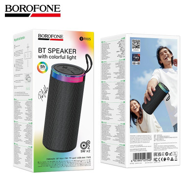 Портативная колонка Borofone BR105 Dark Gray (Bluetooth 5.4;  Емкость аккумулятора: 1500 мАч; Время зарядки: 3 часа,  Время работы: 5 часов, Динамики: 52 мм х 2; Мощность: 5 Вт х 2, Размеры: 178х80х80 мм; Поддерживает Bluetooth, FM, TF-карту, USB-флешку, 