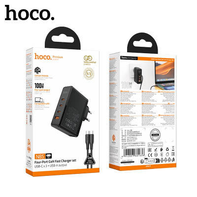 СЗУ-USB-3USB-C (Type-C)-Type-C HOCO N85  2м, PD100W+QC3.0, Black (Выходная мощность: USB-C1/C2/C3: 100 Вт (PD/QC/FCC/AFC); USB-A: 18 Вт (QC/FCP/AFC); C1+C2/C3/A: 65 Вт + 30 Вт / 30 Вт / 18 Вт; C1/C2+C3/A: 65 Вт / 65 Вт + 30 Вт / 18 Вт; C3+A: 5 В / 3 А; C1