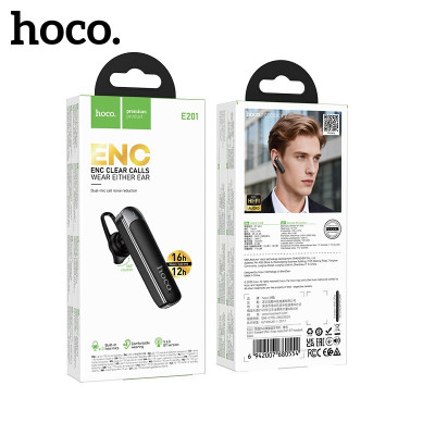 Гарнитура HandsFree Bluetooth Hoco E201 Black Exceed ENC Материал: ABS; размер: 601528 мм; вес: 9,5 г  Bluetooth 6.0; чип: JL7103D4 Емкость аккумулятора: 130 мАч; время зарядки: 2 часа. Время работы: 16 часов воспроизведения музыки, 12 часов разговоров. П
