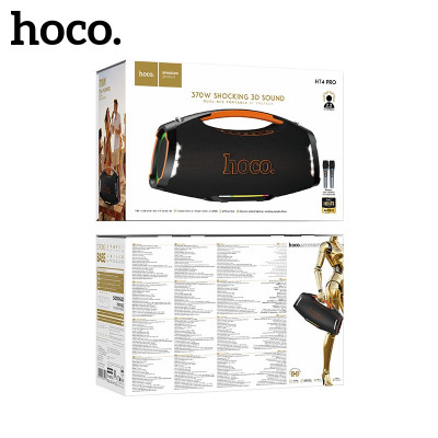 Портативная колонка Hoco HT4 Pro Black + 2 микрофона Размеры:490,6233,8162,7 мм; Вес: 5,6 кг. Bluetooth 5.3; . Емкость аккумулятора: колонка 4000 мАч, микрофон 500 мАч; Время зарядки: колонка 4 часа, микрофон  1 час. Время работы: колонка 6 часов, микрофо