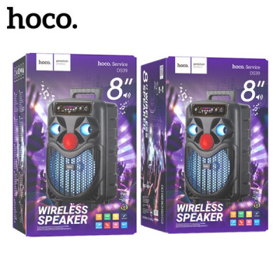 Активная напольная колонка Hoco DS39 Black Динамик 8-дюймовый широкополосный, Bluetooth 5.0, емкость аккумулятора динамика 1800мАч, время зарядки около 4ч., время музыки около 2ч. Размер: 375х235х204мм. BT/TF/TWS/FM/USB/AUX/RGB/возможность подключения про