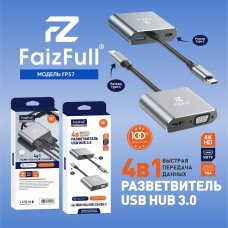 USB HUB 4в1 FaizFull FP57 Type-C to (Hdmi,type-C, 1-USB 3.0, VGA).