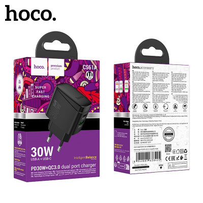 СЗУ-USB-USB-C CS61A Bright 3.0A PD30W+QC3.0, Black, Выходная мощность: USB-C: 30 Вт ;USB-A: 18 Вт  USB-C + USB-A = 5 В / 3 А. Вилка европейского стандарта