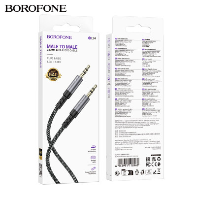 Кабель Аудио 3,5 Jack-3,5 Jack BOROFONE BL24 1м, нейлон+TPE, Gray
