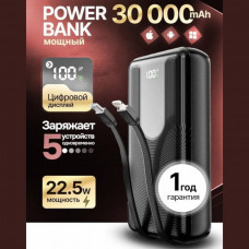 Внешний аккумулятор 30000 mAh TAFURATL30 PD22.5W+QC3.0 Black. Заряжает при помощи выхода Type-C.