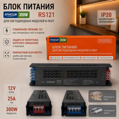 Блок питания IP20 Slim 12V spartum RS120 12V/16.5A 200W (510х375х175мм)