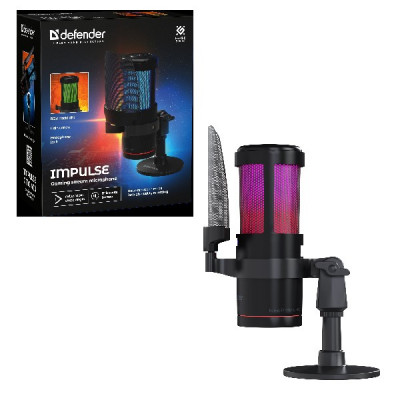 Микрофон проводной DEFENDER Impulse GMC 400 настольный, кардиоидный конденсаторный, питание USB, RGB подсветка, шнур 2 м, черный мультимедийный, с подвижным основанием и возможностью регулировать угол наклона. Идеально подходит для компьютерных игр, распо