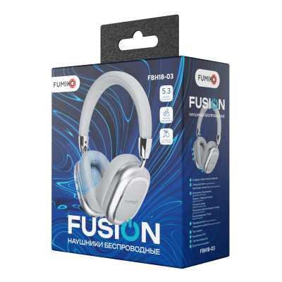 Гарнитура беспроводная полноразмерная Bluetooth FUMIKO FUSION серебристые Время работы при разговоре 5 часов. Время зарядки до 2 часов. Емкость аккумулятора 400мАч. Дистанция работы до 10м. Диаметр динамика 40мм.