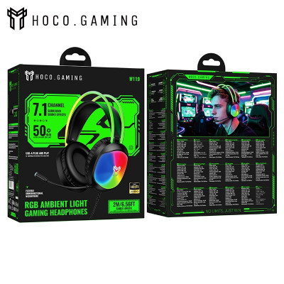 Гарнитура проводная полноразмерная игровая Hoco W119 Black  Микрофон: всенаправленный длина кабеля: 2 м; Пульт управления: с регулировкой громкости. Подсветка: трехцветная.  подключать гарнитуру к настольным компьютерам или ноутбукам с раздельными USB