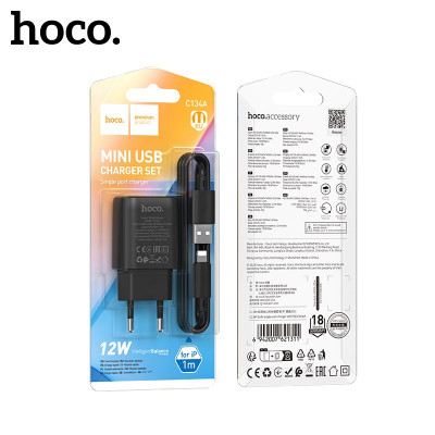 СЗУ-USB Lightning HOCO C134A 1м, 2.4A, 12W, Black АКЦИЯ!!! Кратно 10 шт!