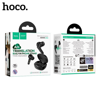 Гарнитура вакуумная Bluetooth HOCO EQ100 Тranslation  Black (с ИИ) Время работы: 7 ч. Аккумулятор кейса: 320 mAh. Аккумулятор наушников: 30 mAh. Режим ожидания: 180 ч. Версия Bluetooth: 5.4.