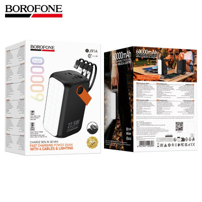 Внешний аккумулятор 60000 mAh Borofone BJ91A Alba 22.5W+PD20W Black + фонарь, номинальная емкость: 30 000 мАч, кабель USB/ Micro / Type-C/ Lightning , 
цифровой LED-индикатор уровня заряда.