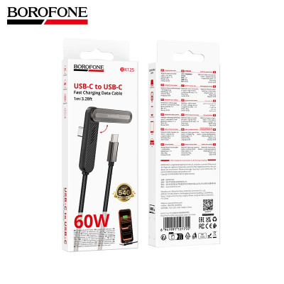 Кабель USB-C/USB-C BOROFONE BX125 1м, 3A, 60W, плетеный, Black, угловой + складной держатель