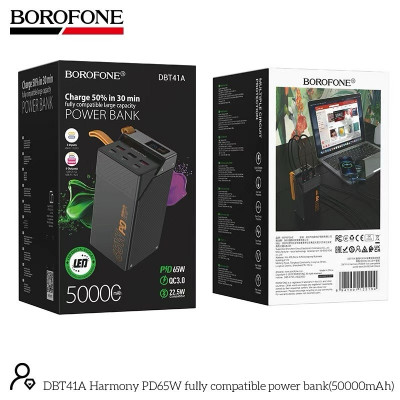 Внешний аккумулятор 50000 mAh Borofone DBT41A Harmony PD65W Black  3 USB выхода. 3 входа Type-C, LED Дисплей.