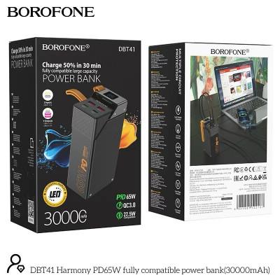 Внешний аккумулятор 30000 mAh Borofone DBT41 Harmony PD65W Black 2 USB выхода. 2 входа Type-C, LED Дисплей.