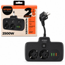 Удлинитель сетевой 0,2м 2 роз. Perfeo, Amper, 30,75мм, 10А, 2500 Вт, 3 usb, 1Type-C, 1кн, черный.