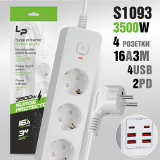 Сетевой фильтр LP LP1009 4роз 3м, 16А/3500W, С/З,4USB + 2PD White с выключателем питания, индикатором сети, корпус из негорючего пластика.