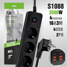 Сетевой фильтр LP LP1009 4роз 3м, 16А/3500W, С/З,4USB + 2PD Blackс выключателем питания, индикатором сети, корпус из негорючего пластика.