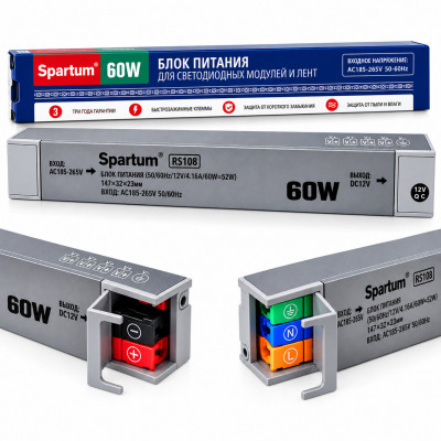 Блок Питания Spartum RS108 Slim-Exclusive (50/60Hz/12V/4.16A/60W=52W), корпус из алюминия, 147х32х23мм, вход AC185-265V, быстрозажимные клеммы