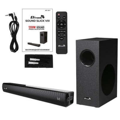 Саундбар 2.1 ELTRONIC Саундбар (20-11) SOUND SLICK 8 черный 1200W. Димамики Bar 2 2шт. Sab 4 1шт. Bluetooth 5.3, USB, HDMI, AUX в комплекте + пульт. Возможность крекления на стену. Размер Bar 480х69х61мм Sab 120х200х300мм.