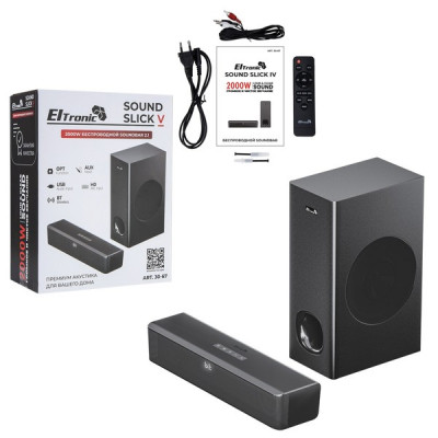 Саундбар 2.1 ELTRONIC Саундбар (30-67) SOUND SLICK 5 черный 2000W. Димамики Bar 2.25 2шт. Sab 5,25 1шт. Bluetooth 5.3, USB, HDMI, OPTICAL, AUX в комплекте + пульт. Возможность крекления на стену. Размер Bar 410х75х99мм Sab 140х220х360мм
