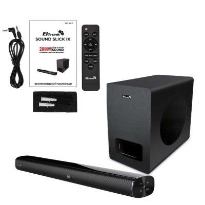 Саундбар 2.1 ELTRONIC Саундбар (20-13) SOUND SLICK 9 черный 2000W. Димамики Bar 2.25 2шт. Sab 5,25 1шт. Bluetooth 5.3, USB, HDMI, OPTICAL, AUX в комплекте + пульт. Возможность крекления на стену. Размер Bar 800х80х68мм Sab 180х295х280мм