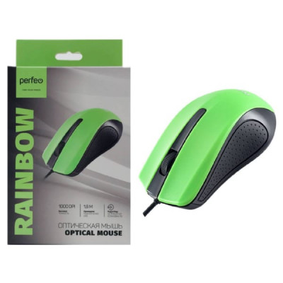 Мышь проводная Perfeo RAINBOW, черно-зеленый. 3кн., 800 DPI, USB. Длина кабеля 1,8м.