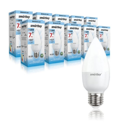 Лампа светодиодная SMART BUY C37-5W-220V-4000K-E27 (свеча, белый свет) (1/10/50)