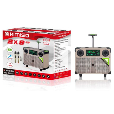 Активная напольная колонка KIMISO QS-229A Размер динамика: 2 х 8 дюймов. RGB-подсветка. Bluetooth / USB / AUX / FM-радио / SD-карта / беспроводной микрофон-2 шт, адаптер 9V/1.5A пульт, кабель USB. Емкость аккумулятора: 3000mAh/7.4V. Мощность 30W. Размеры: