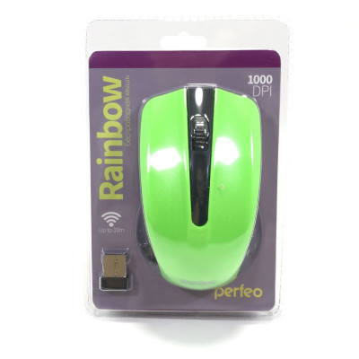Мышь беспроводная Perfeo RAINBOW, USB, чёрный/зелёный. Разрешение: 1000 dpi. Кнопок: 2 + колесо прокрутки. Дизайн для правой и левой руки (1/20)