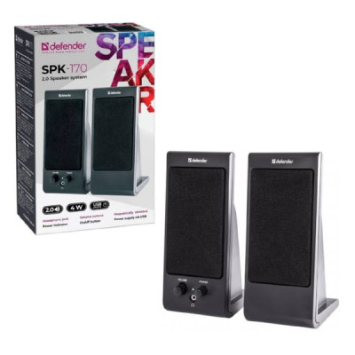 Активная колонка 2.0 Defender SPK-170 2х2W, USB интерфейс, чёрный. Регулятор громкости. Аудиовходы: 3.5 мм мини-джек (встроенный). Магнитное экранирование. Диапазон частот: 200-18000 Гц. Мощность 4 Вт.