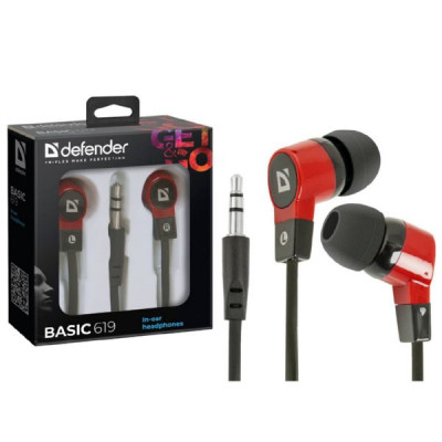 Наушники вакуумные Defender Basic 619, чёрные/красные. вакуумные. Диапазон частот: 20-20000 Гц. Сопротивление: 32 Ом. Разъём: 3.5 mm. Длина провода: 1.1 м. (1/160)