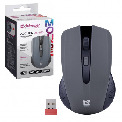 Мышь беспроводная Defender Accura MM-935, серый, 4 кнопки, 800-1600dpi, USB,