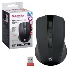Мышь беспроводная Defender Accura MM-935, черный, 4 кнопки, 800-1600dpi, USB. Сверхстойкое прорезиненное покрытие Soft Touch. Радиус действия - 10 м. 3 режима разрешения мыши. Питание 2хAAA. Радиус действия 10 м.