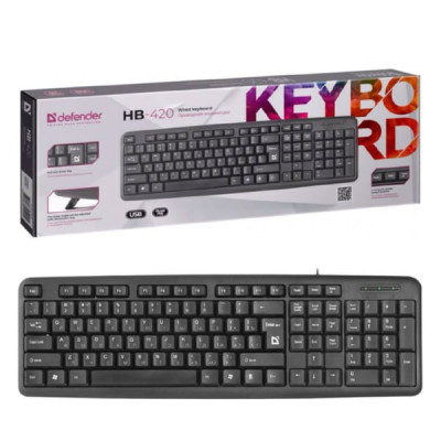 Клавиатура проводная Defender Element HB-420, USB, чёрная, кабель 1,5м. Количество дополнительных клавиш (функций): 3 клавиши управления питанием.