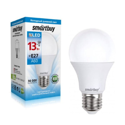 Лампа светодтодная SMARTBUY A60-13W-220V-6000K-E27 (холодный дневной свет)  (1/10/50)