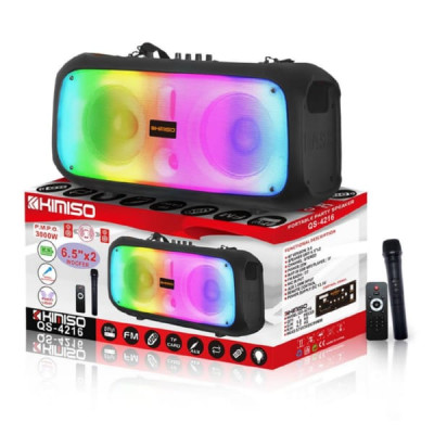 Активная напольная колонка KIMISO QS-4216 Размер динамика: 2 х 6,5 дюймов. RGB-подсветка. Bluetooth / USB / AUX / FM-радио / SD-карта / беспроводной микрофон, пульт, кабель USB. Емкость аккумулятора: 2400mAh/11.1V. Мощность 25W. Размеры: 550х245х270мм.