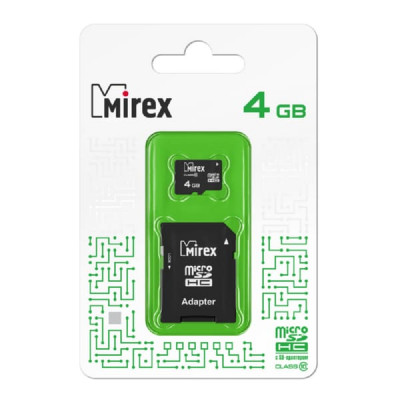 Карта памяти MicroSDHC Mirex 4GB (class 10) с адаптером